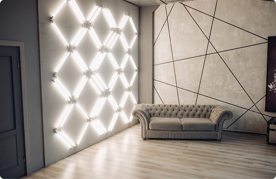 Оформление гостиной декоративными панелями и светильниками из коллекции LoftLine